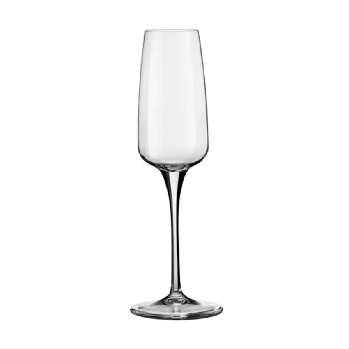 Vooraanzicht van transparante Aurum champagneflute 23 cl van glas, met slanke kelk en rechte steel.