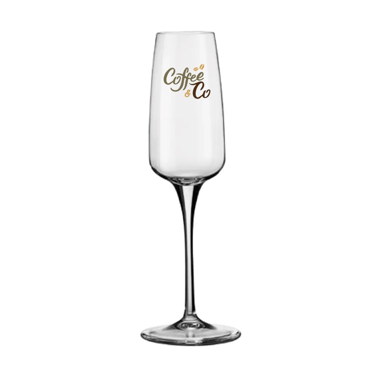 Voorzijde van glazen Aurum champagneflute 23 cl met kleurrijk CoffeeCo-logo in meerdere kleuren bedrukt.