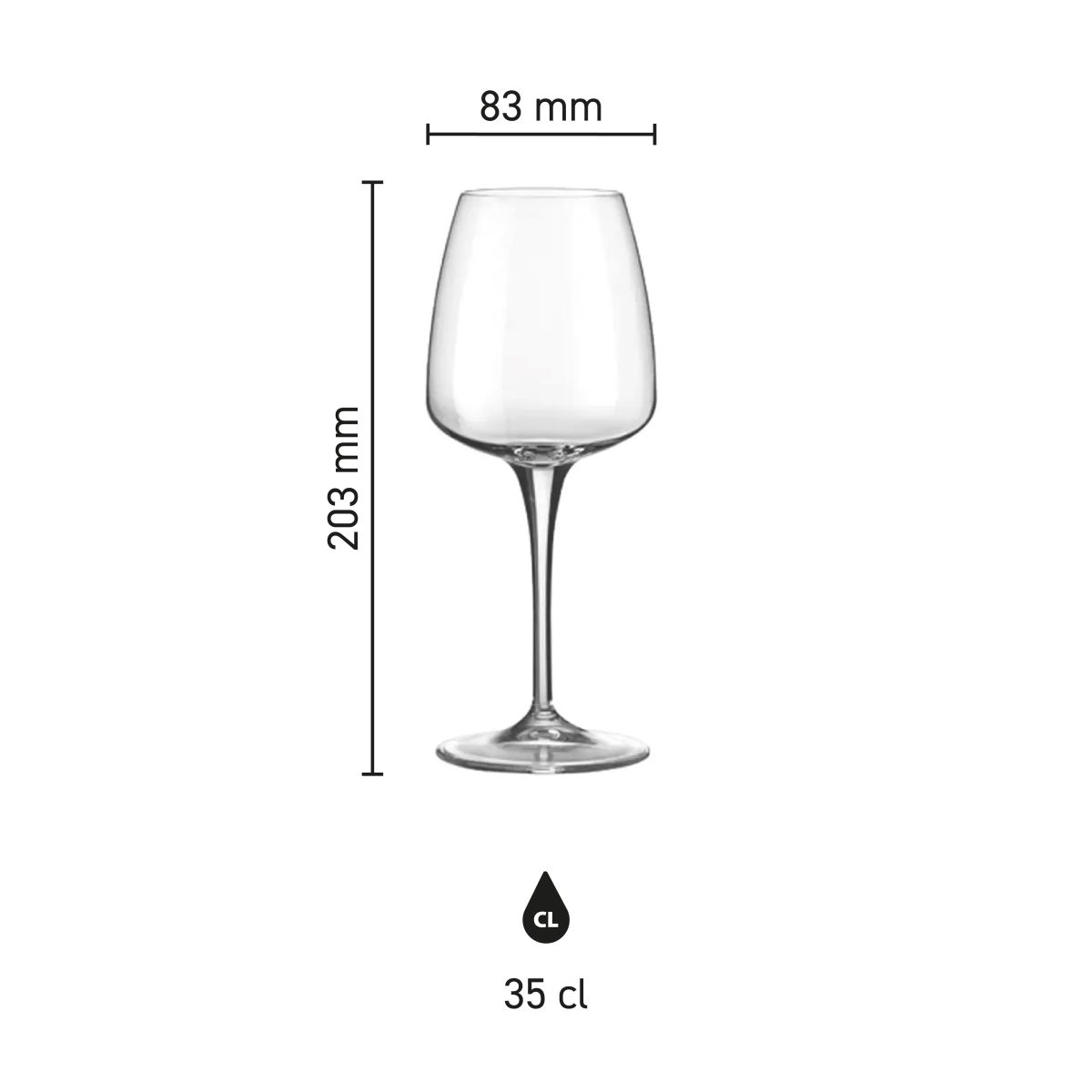 Infographic toont afmetingen van het Aurum wijnglas 35 cl in glas, met schaal en maatlijnen.