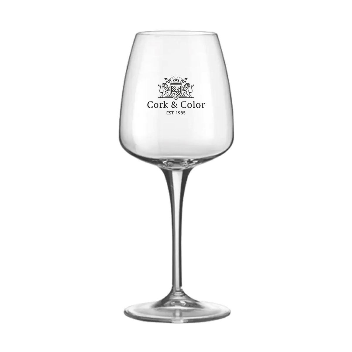 Bedrukking van CorkColor-logo in één kleur op voorzijde van Aurum wijnglas 43 cl.