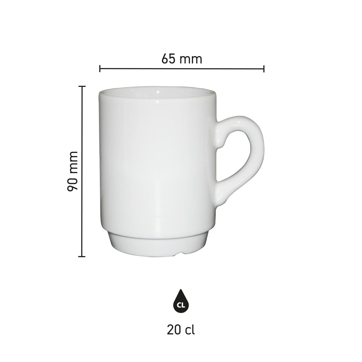 Afbeelding toont de exacte afmetingen van een 20 cl witte porseleinen automatenbeker in infographicstijl.