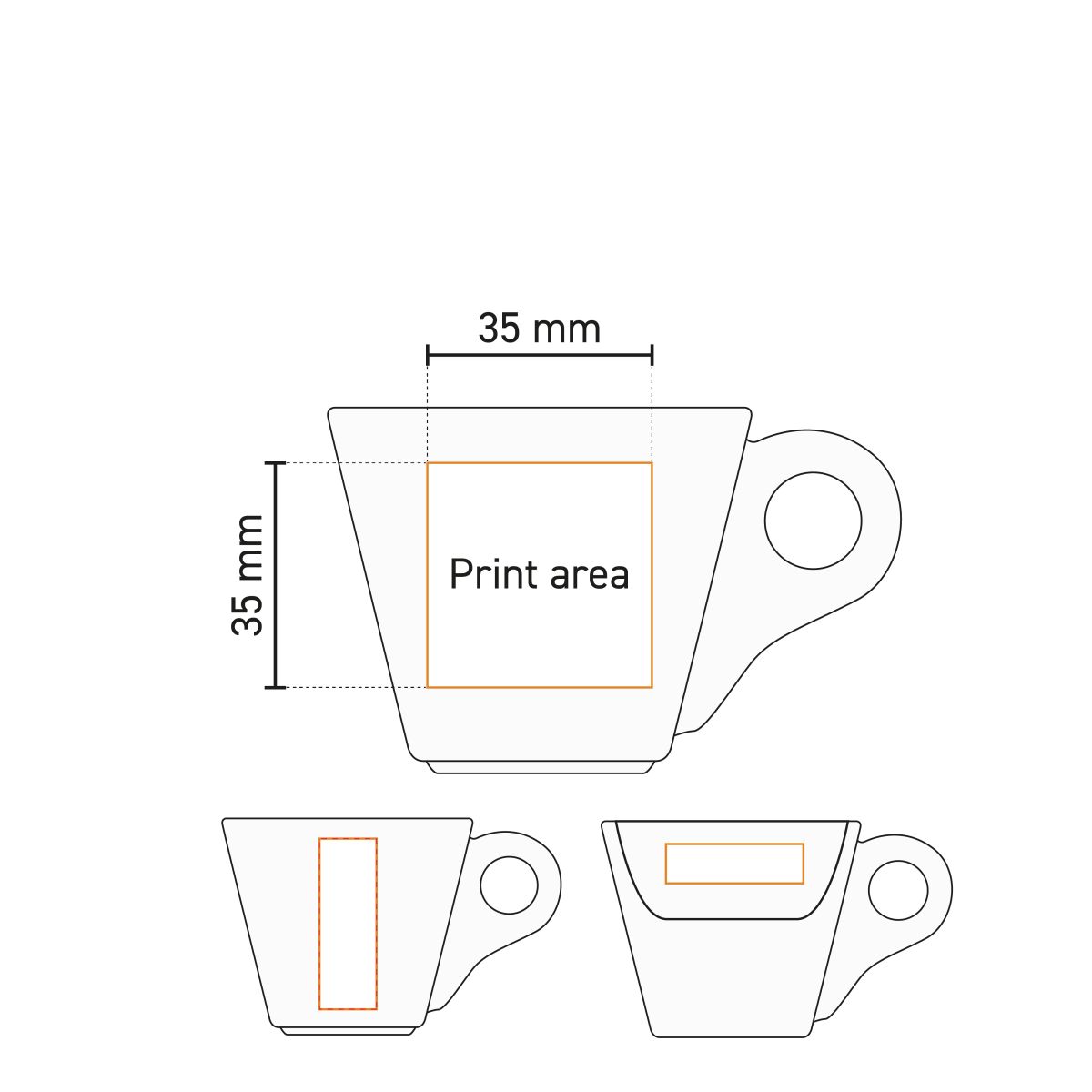 Drukgebiedtekening van Baristo Espresso Kop 8 cl., met aanduiding voor logopositie en maximale bedrukking.