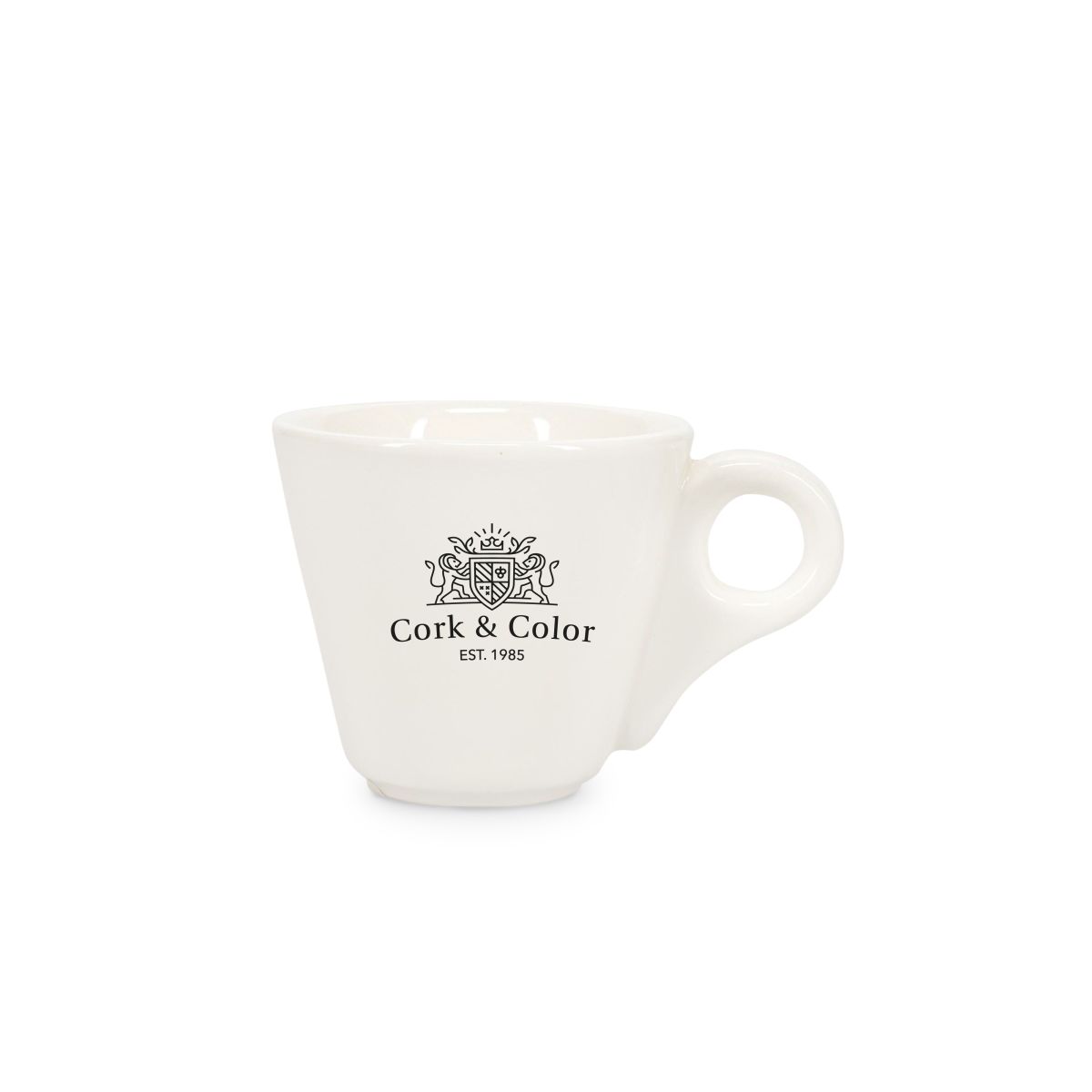 Porseleinen Baristo Espresso Kop 8 cl. met éénkleurig CorkColor-logo zichtbaar op de voorzijde.