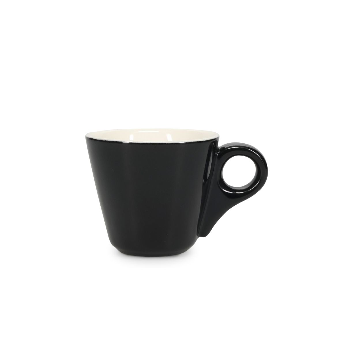 Vooraanzicht van Baristo Espresso Kop 8 cl. van zwart-wit porselein, geschikt voor horeca en koffieservice.