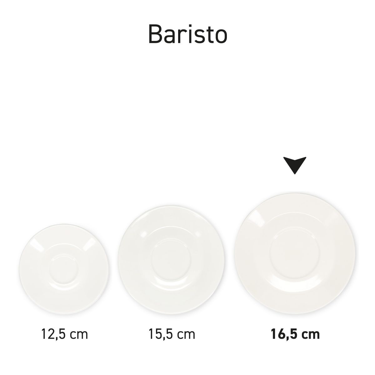 Range of porcelain latte saucers presented in series as Baristo collection.