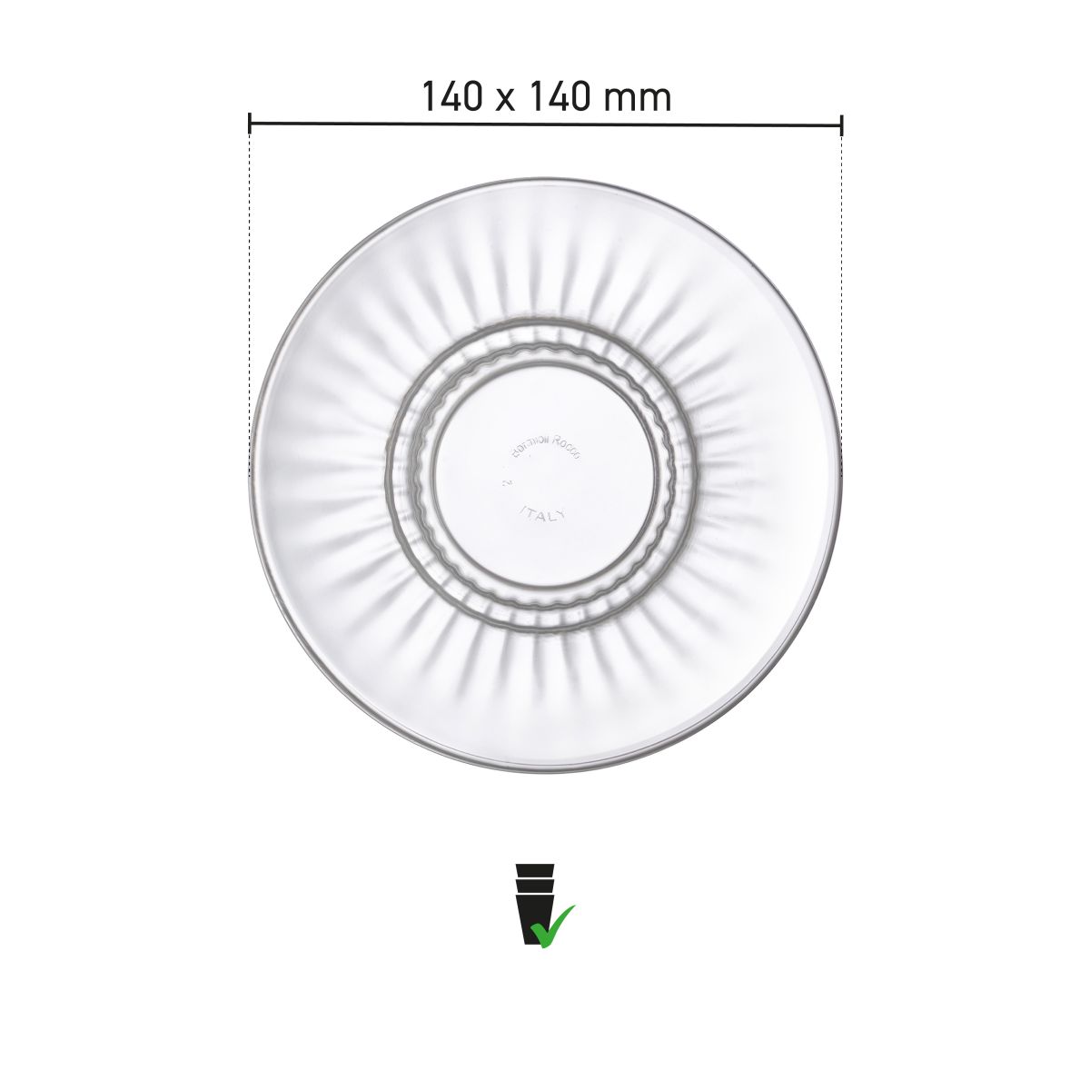 Infographic showing exact product dimensions of Barshine tea and latte dish 14 cm glass.