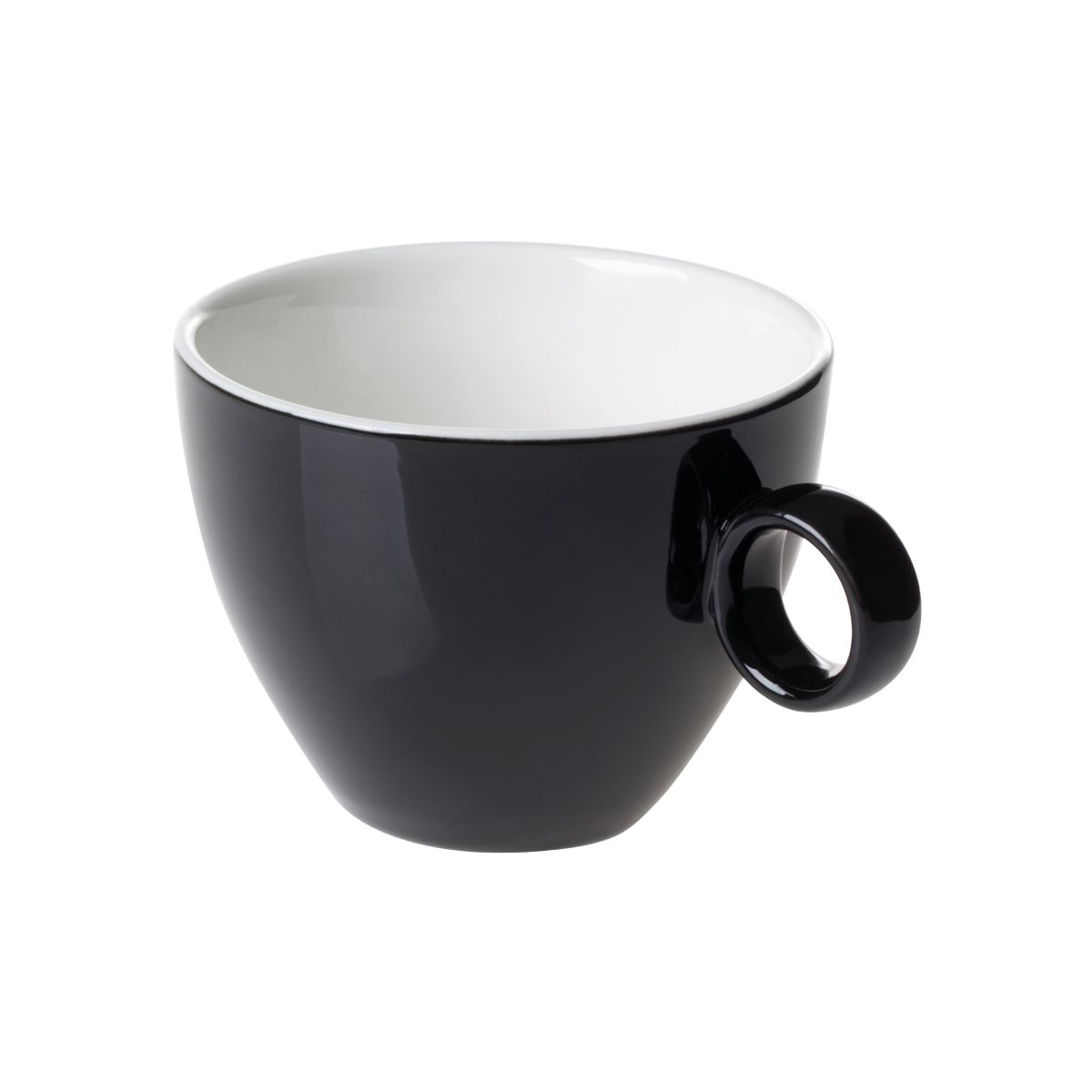 Black and white Bart Cappuccino cup 23 cl in porcelain, front view with slightly tapered shape and smooth surface.