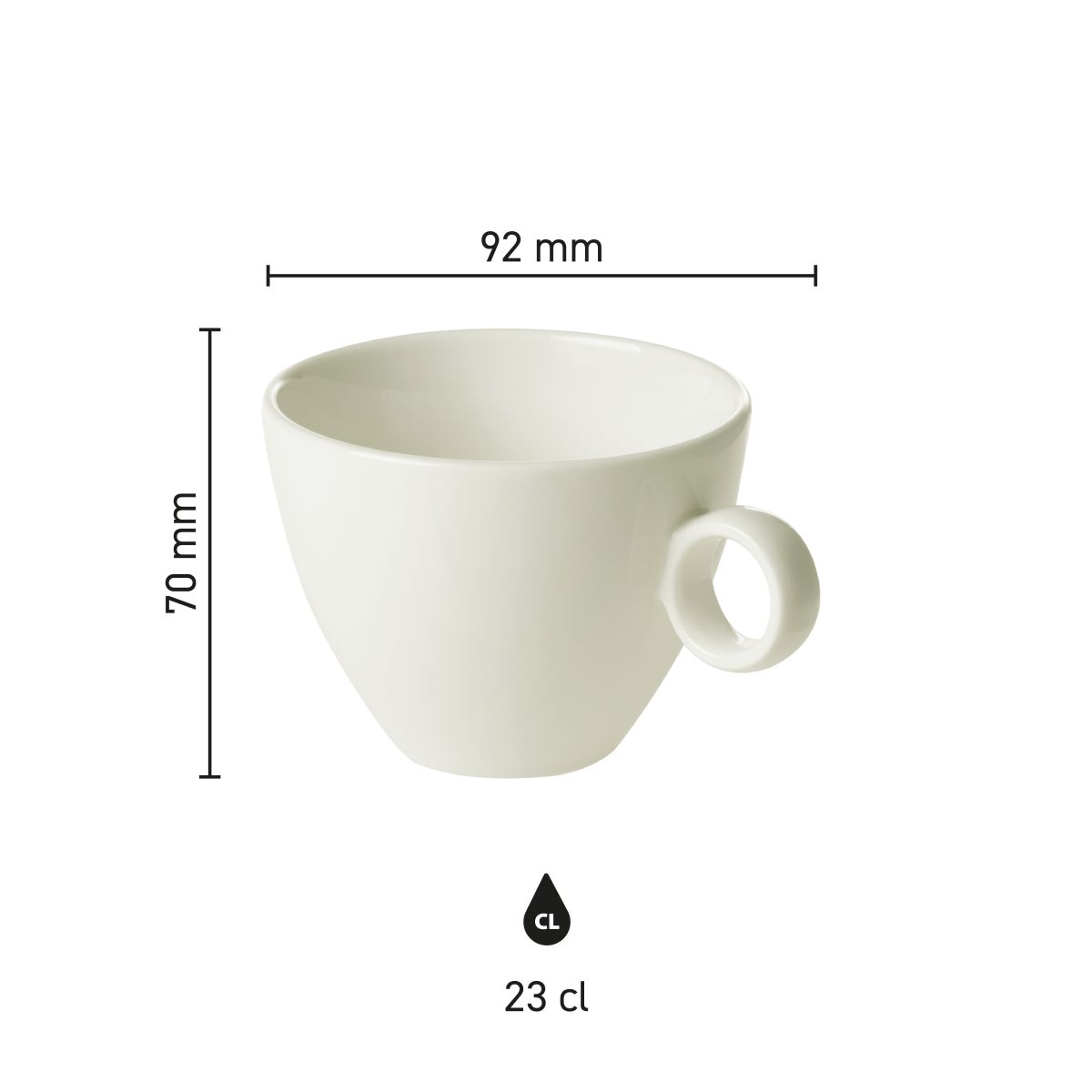 Infographic shows height and diameter of Bart Cappuccino cup 23 cl. porcelain in size overview.