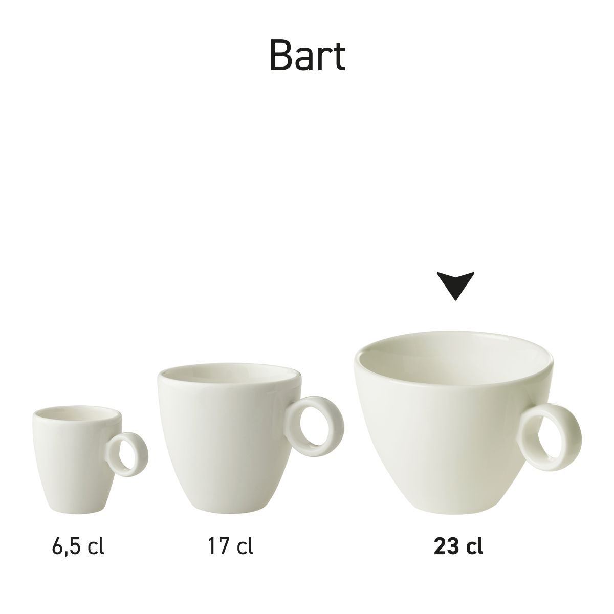 Series Bart Cappuccino cups in white porcelain side by side as a uniform product offering.