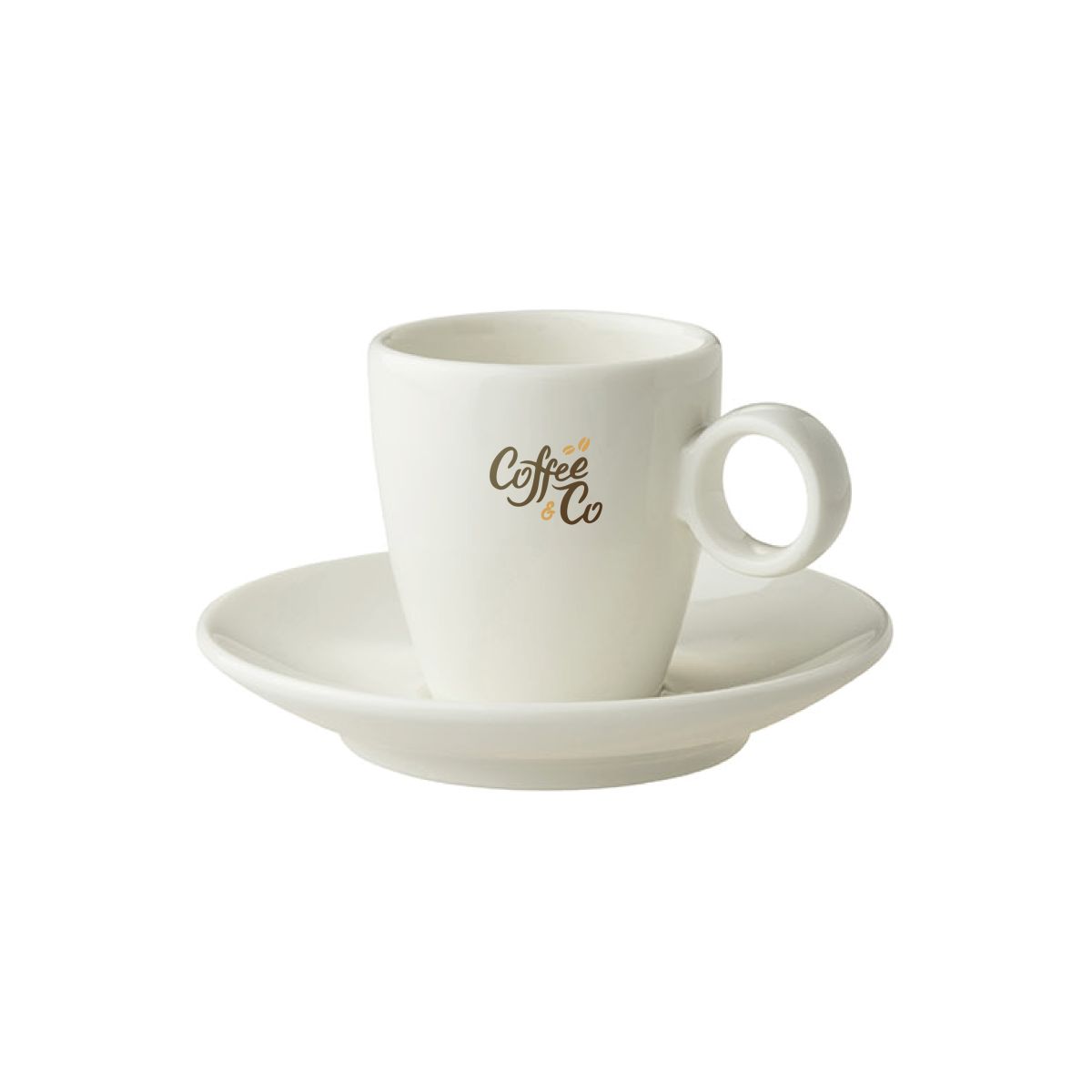 Full-colour CoffeeCo logo visible on front of Bart Espresso porcelain set.