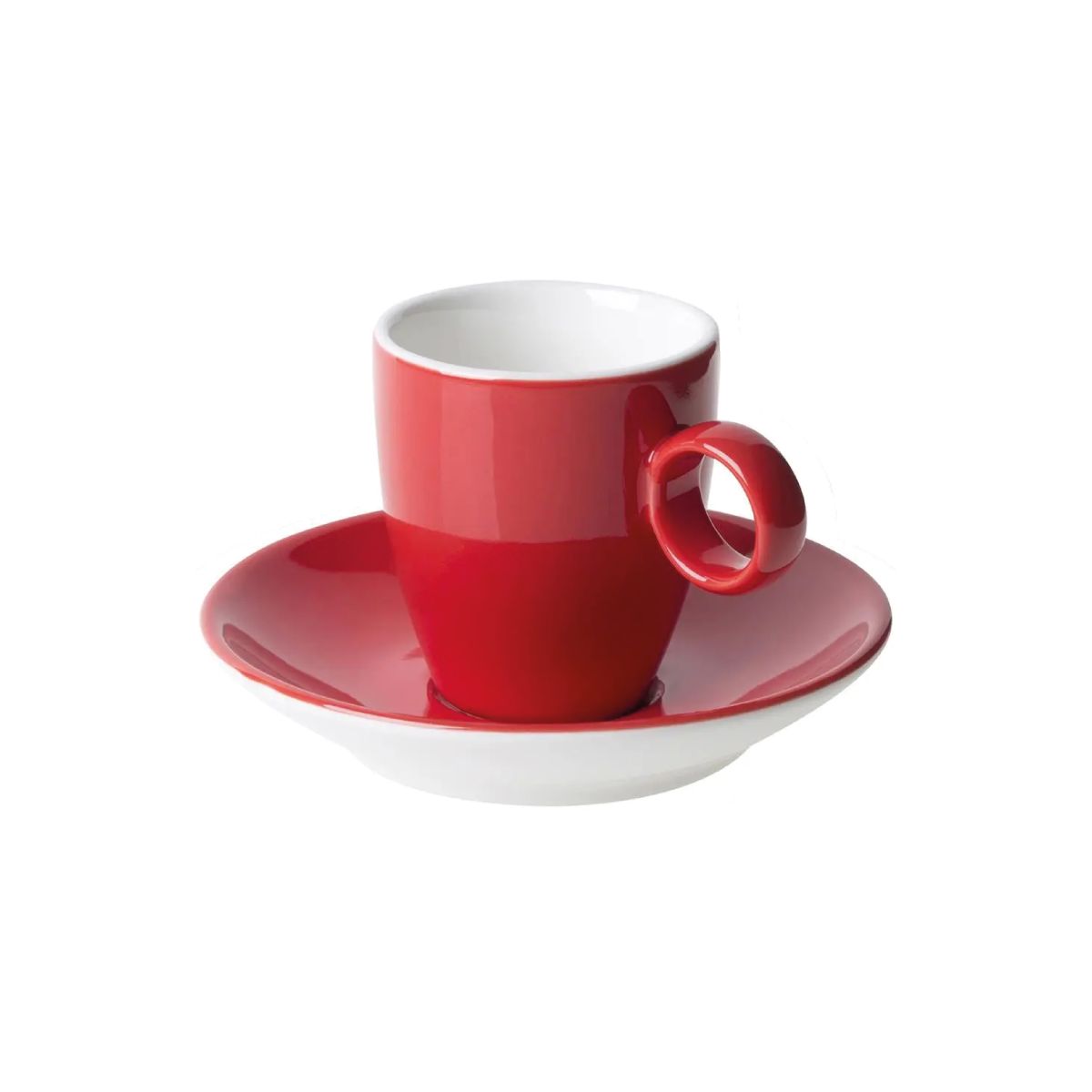 Frontal image of red and white Bart Espresso porcelain set 6.5 cl. with smooth finish.