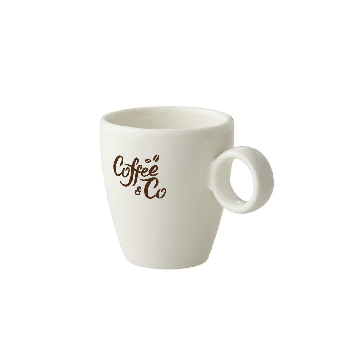 Espresso cup 6.5 cl porcelain with brown CoffeeCo logo on the smooth white surface.