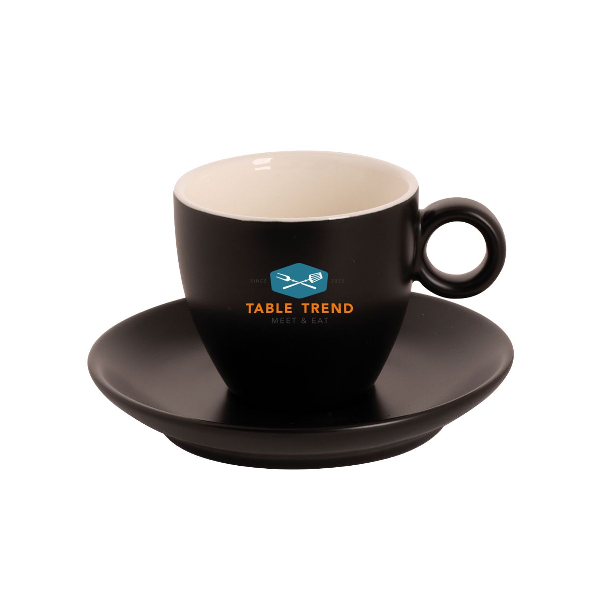 Front view of matt porcelain coffee cups 17 cl with TableTrend logo in multiple colours.
