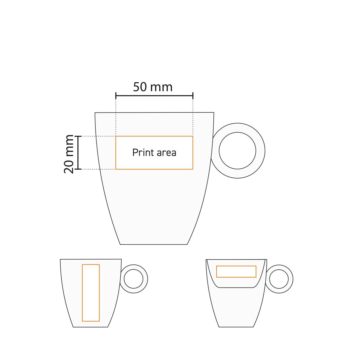 Technical working drawing of Bart Coffee cup 17 cl. shows position and size of printing area.