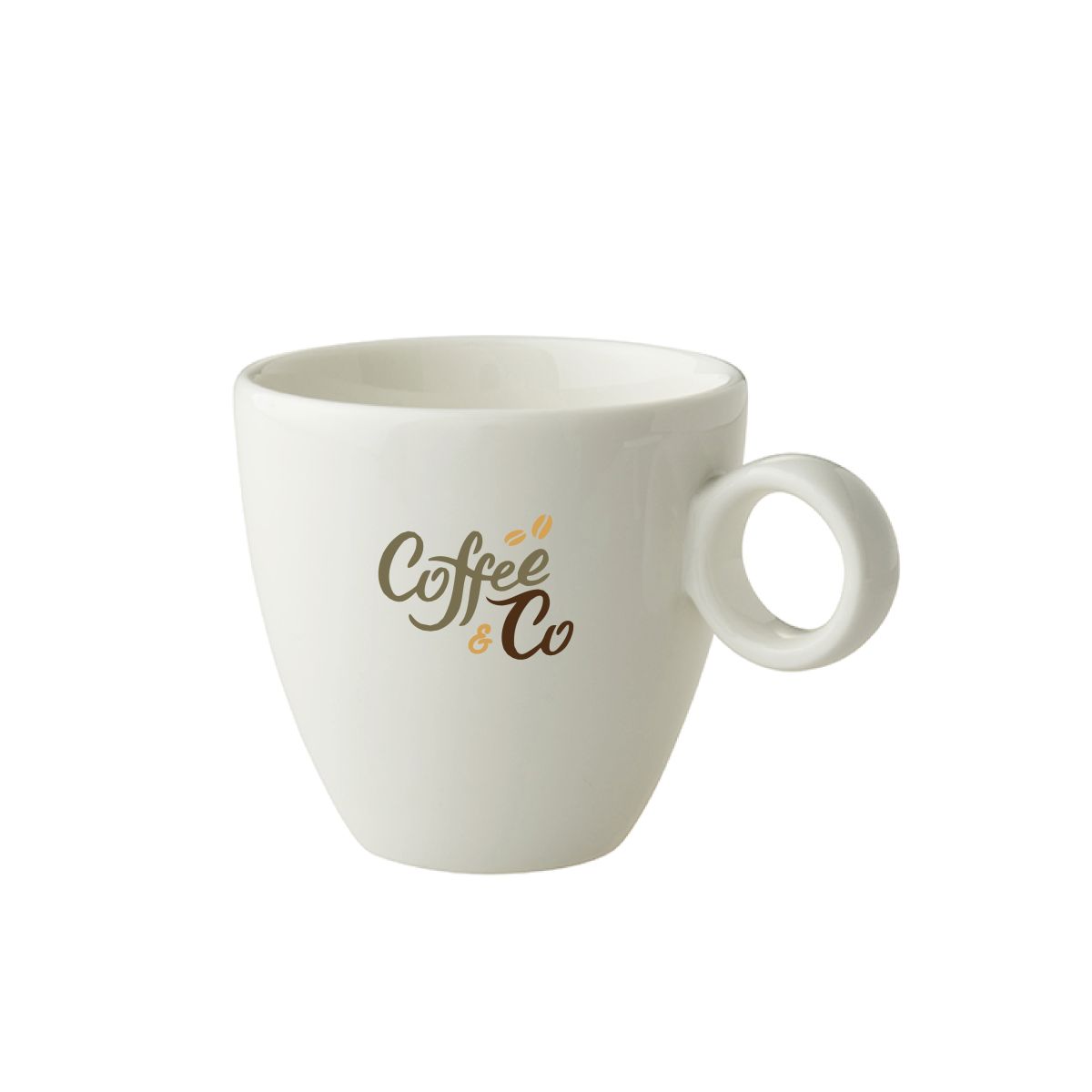 Front view of Bart Coffee cup 17 cl printed with colourful CoffeeCo logo on the smooth porcelain.
