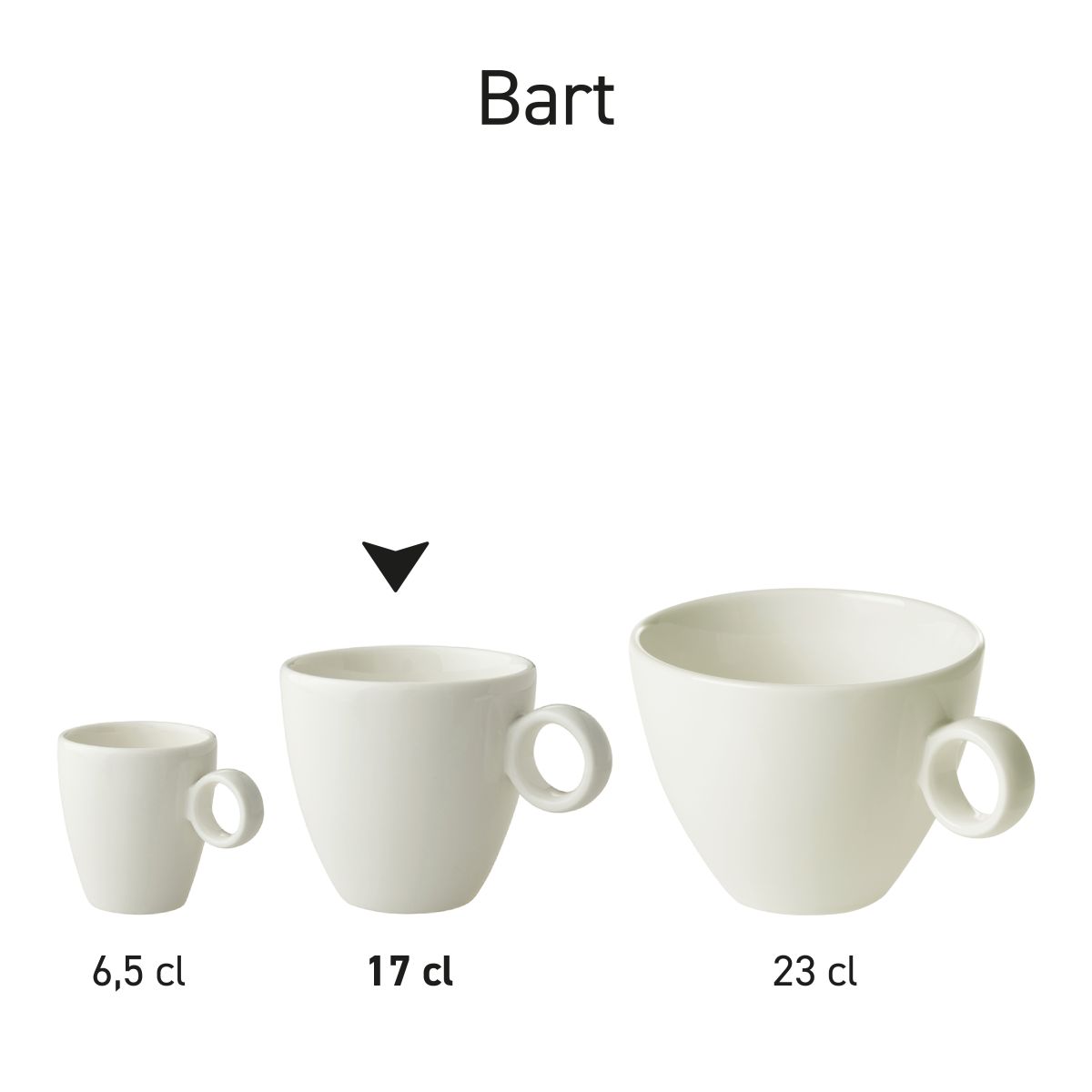 Multiple Bart Coffee cups white porcelain presented as uniform product line.