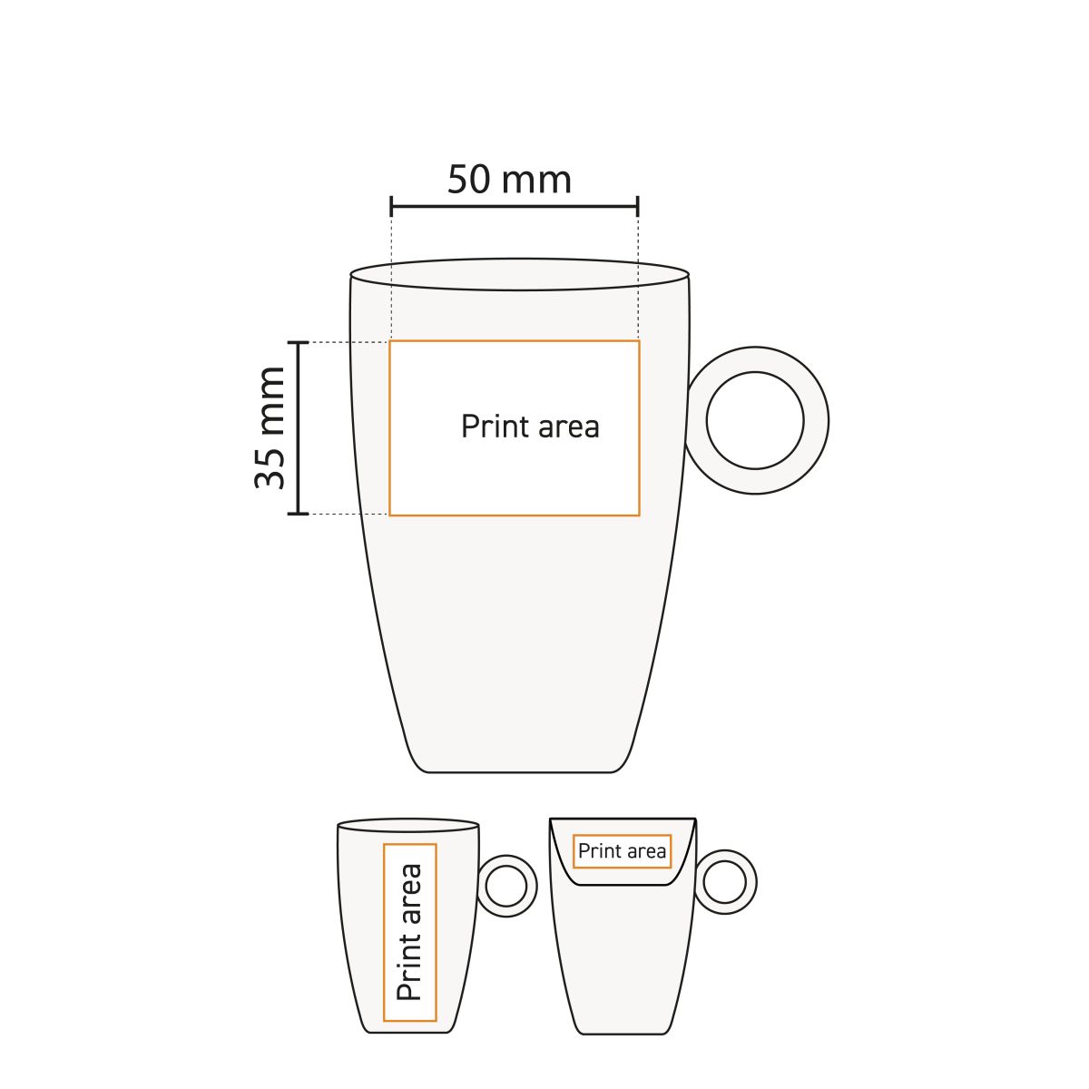 Technical working drawing of Bart mug 23 cl. porcelain with print area indication.