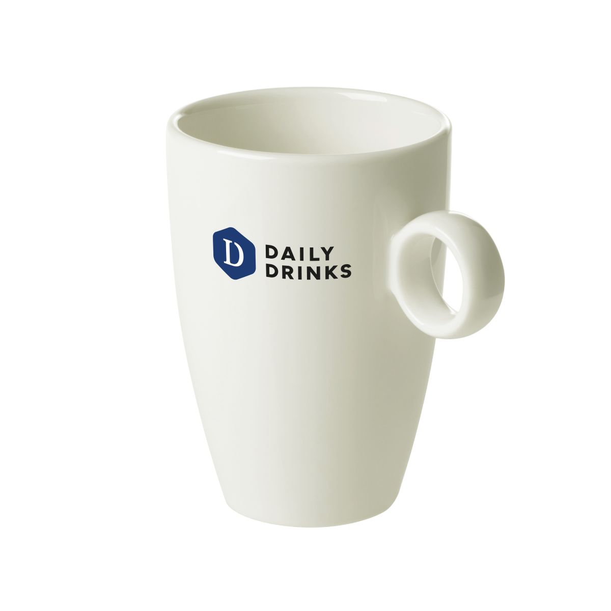 Front view of Bart mug 23 cl porcelain with multicoloured DailyDrinks logo.