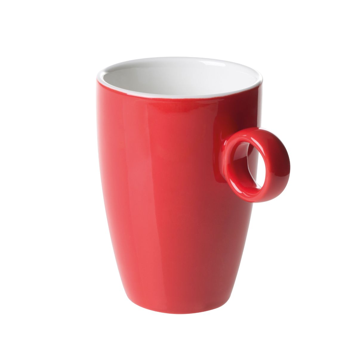 Red and white Bart mug of 23 cl. of porcelain in front view, with smooth surface and straight ear shape.