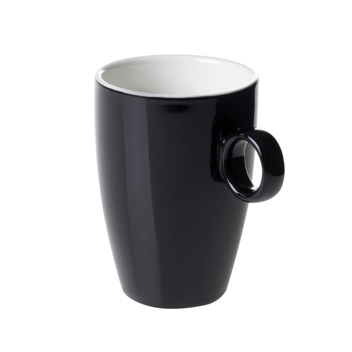 Black and white Bart mug of 23 cl. of porcelain in front view, with smooth surface and straight ear shape.