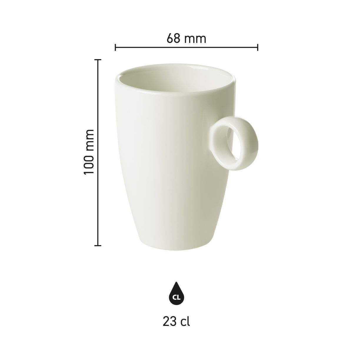 Infographic of Bart mug 23 cl. porcelain with indication of sizes and proportions.