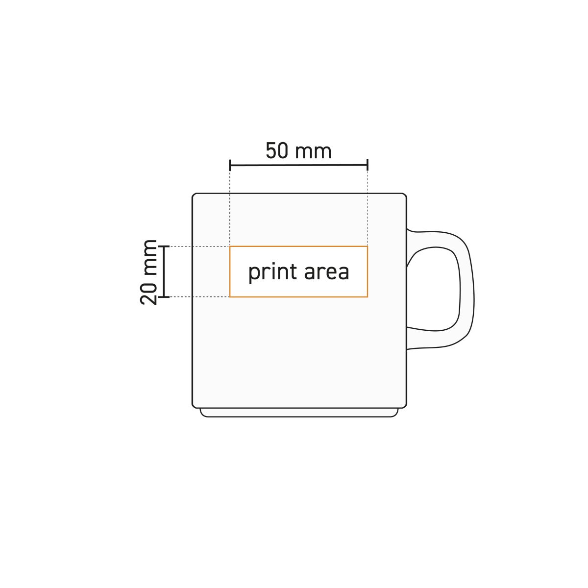 Working drawing of the Budgetline Brabant mug 20 cl. in white porcelain with print area indication on front.