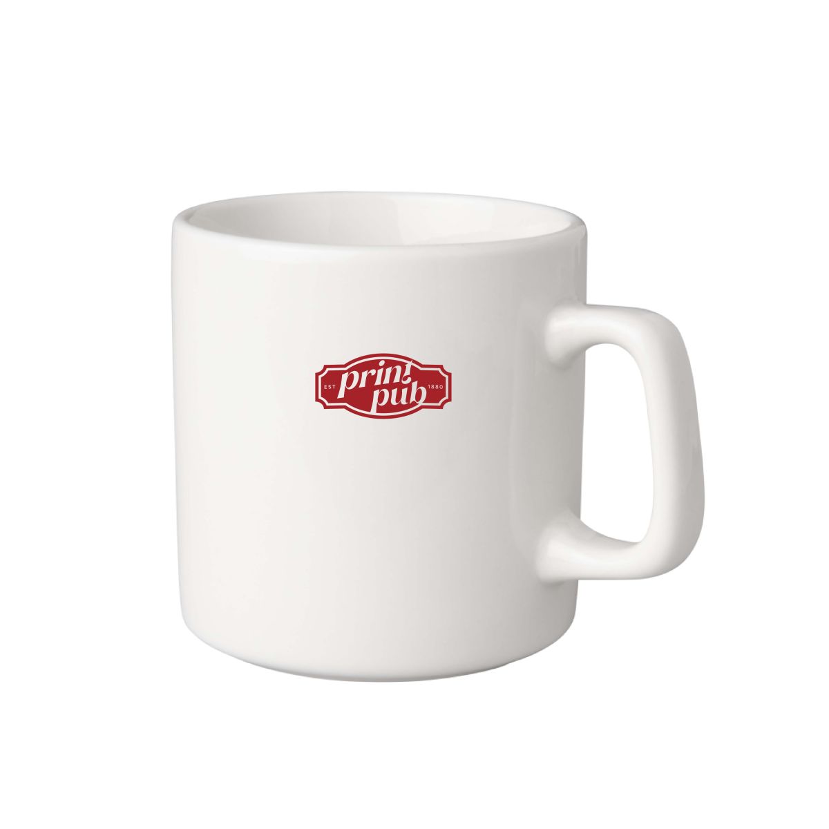 Cup Budgetline Brabant 20 cl. made of white porcelain with PrintPub logo printed in one colour on the front.