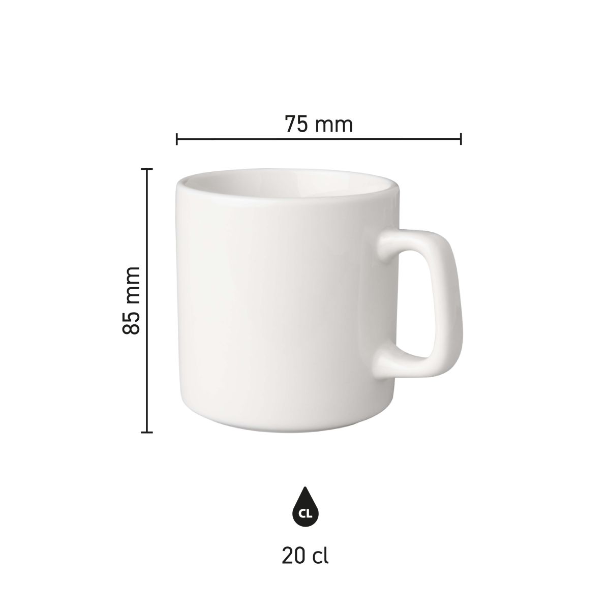 Dimensions of Cup Budgetline Brabant 20 cl. White shown in infographic, including diameter and height.