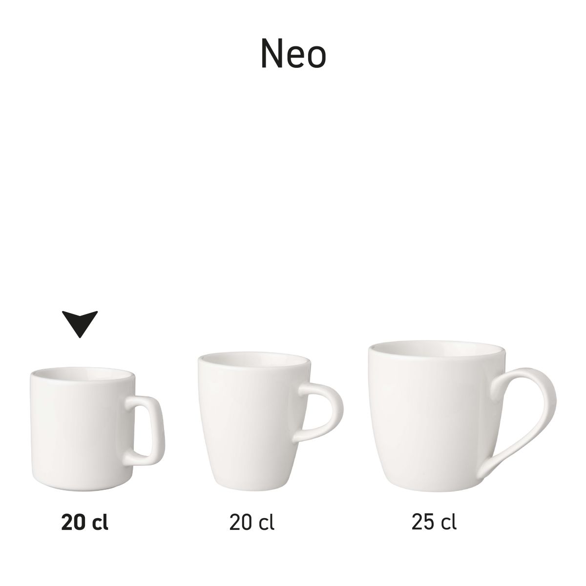 Budgetline cups shown in series, white porcelain in uniform arrangement.