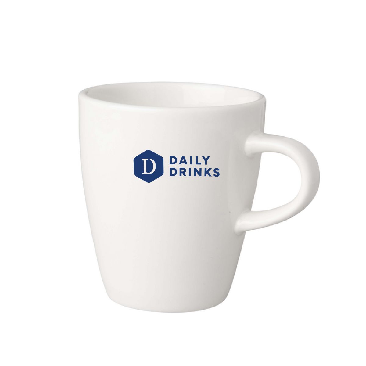 White Budgetline Neo mug 20 cl. printed with single-colour DailyDrinks logo on the centre.