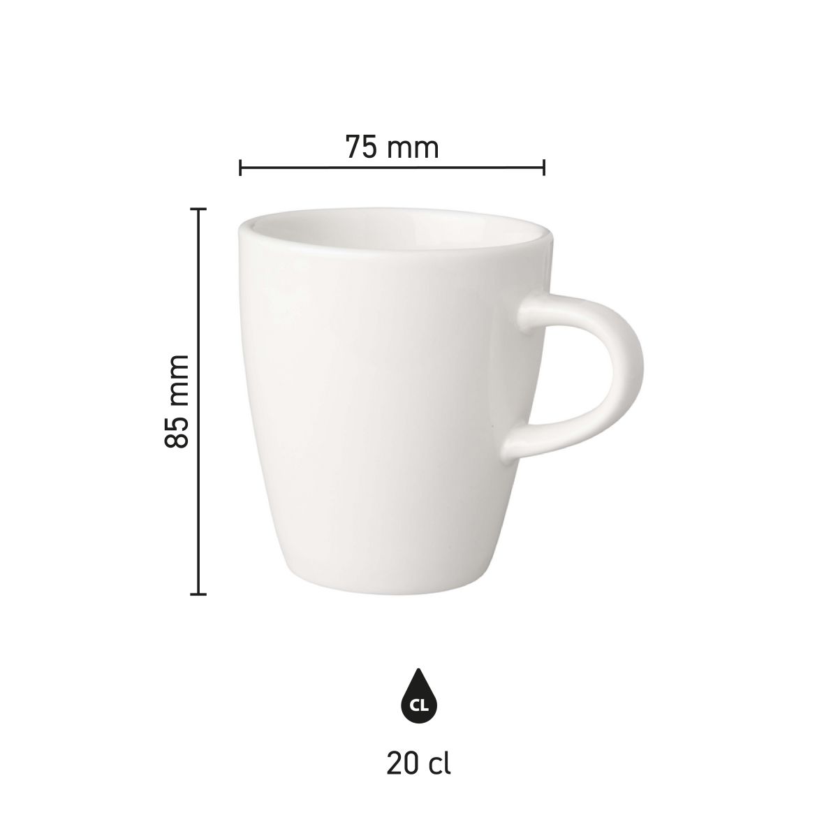 Infographic with dimensions of white porcelain Budgetline Neo cup of 20 cl.