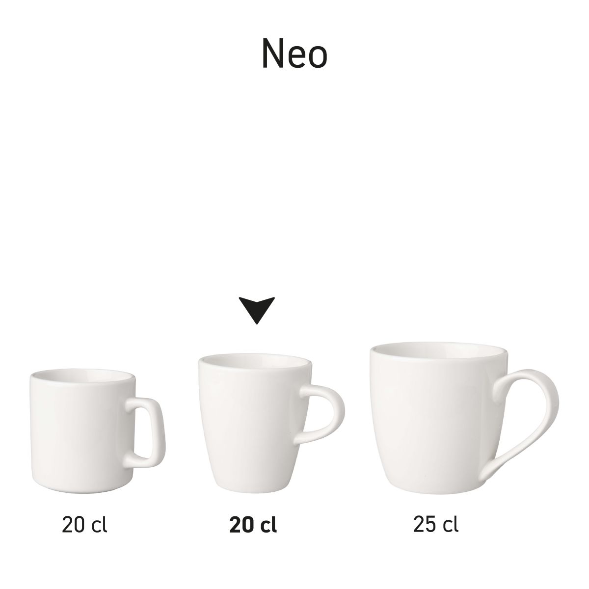 Set of white porcelain cups Neo presented in series for product overview.