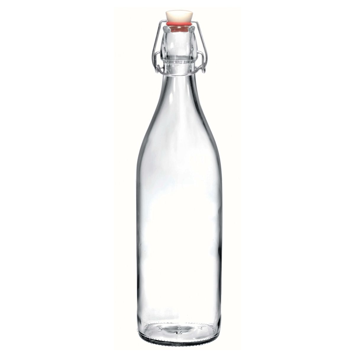 Frontal image of round swing-top Giara 1-litre glass bottle with wide neck and sturdy bracket closure. Frontal image of round swing-top Giara 1-litre glass bottle with wide neck and sturdy bracket closure.
