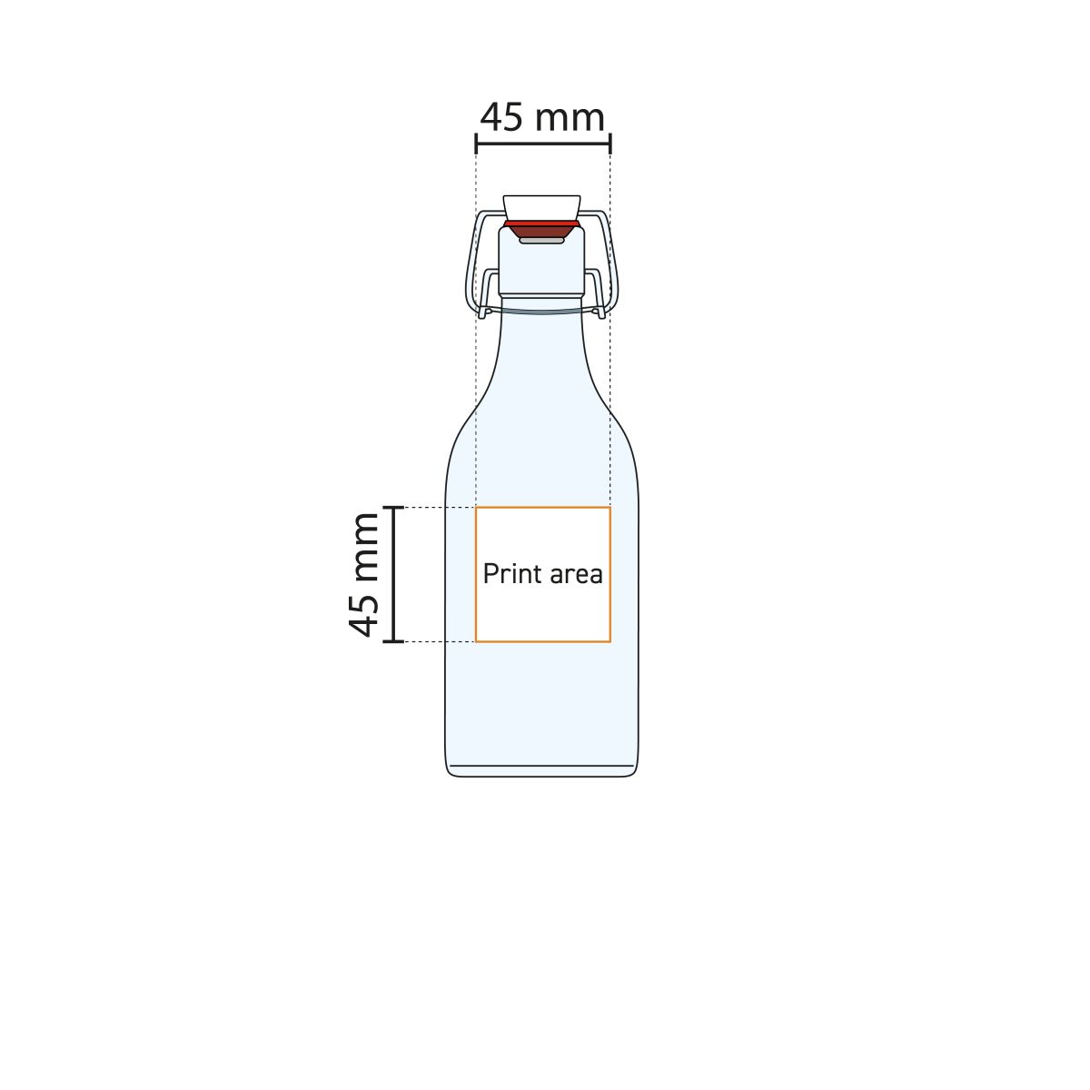 echnische werktekening van beugelfles vierkant 0,25 liter glas met aangegeven drukvlak.