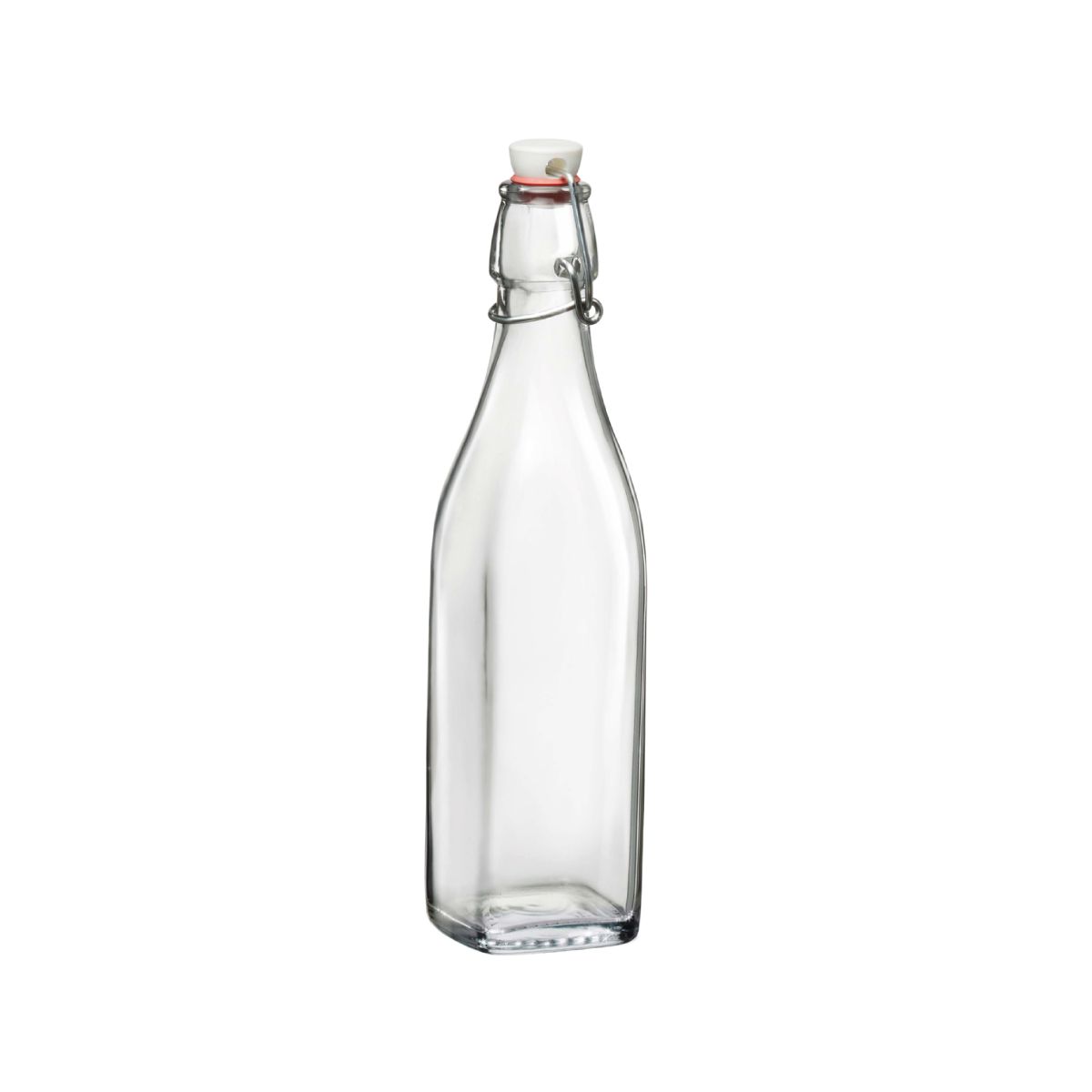 Glass-clear square bracket bottle Swing 0.25 litre, photographed straight from the front with bracket on top. Glass-clear square bracket bottle Swing 0.25 litre, photographed straight from the front with bracket on top.