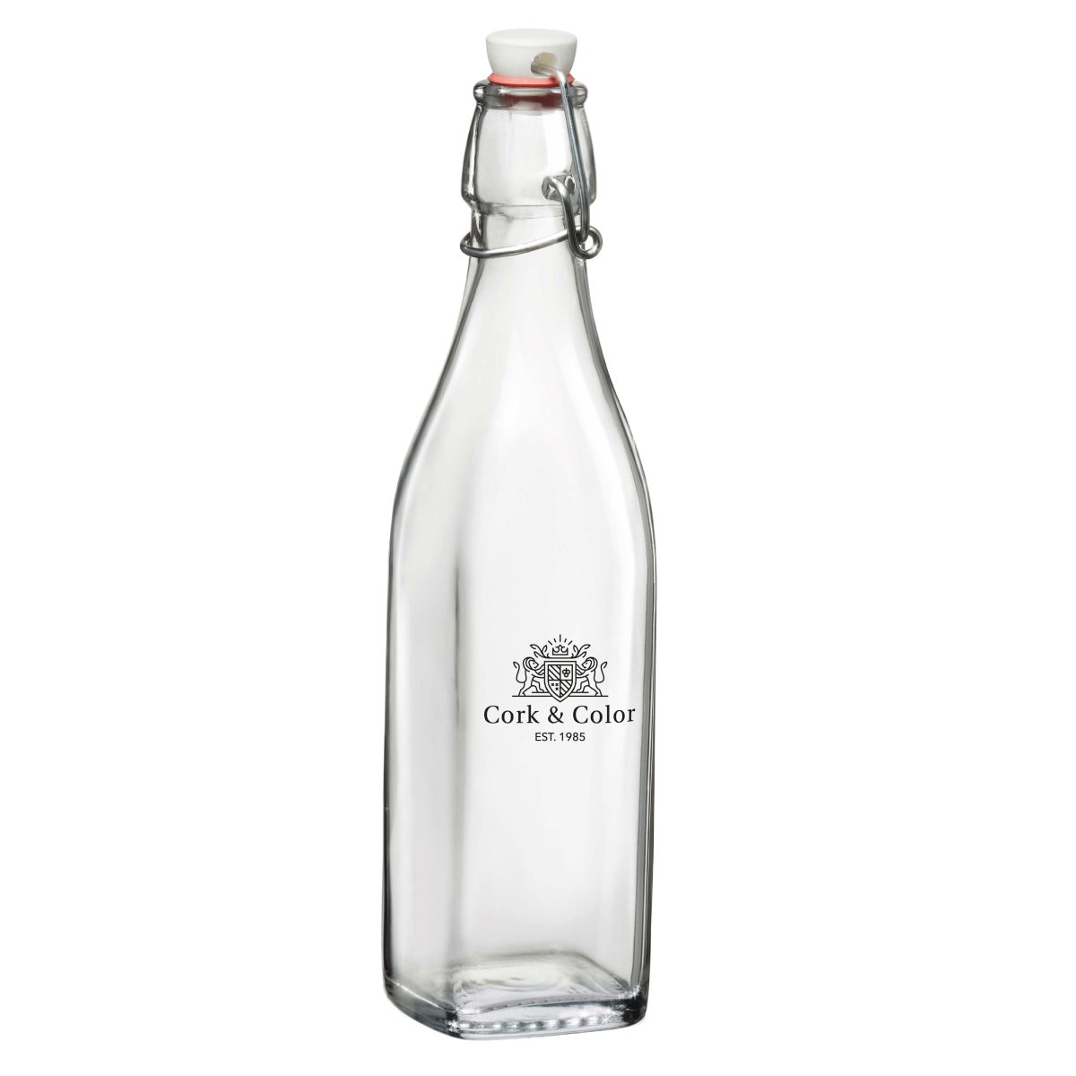 Vierkante beugelfles Swing 1 liter van porselein met éénkleurig CorkColor-logo op de voorzijde.