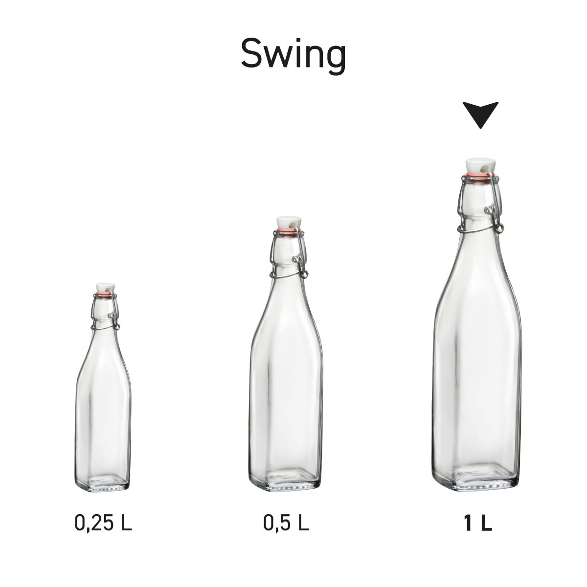 Rijtje glazen beugelflessen Swing vierkant afgebeeld als serie voor productoverzicht.