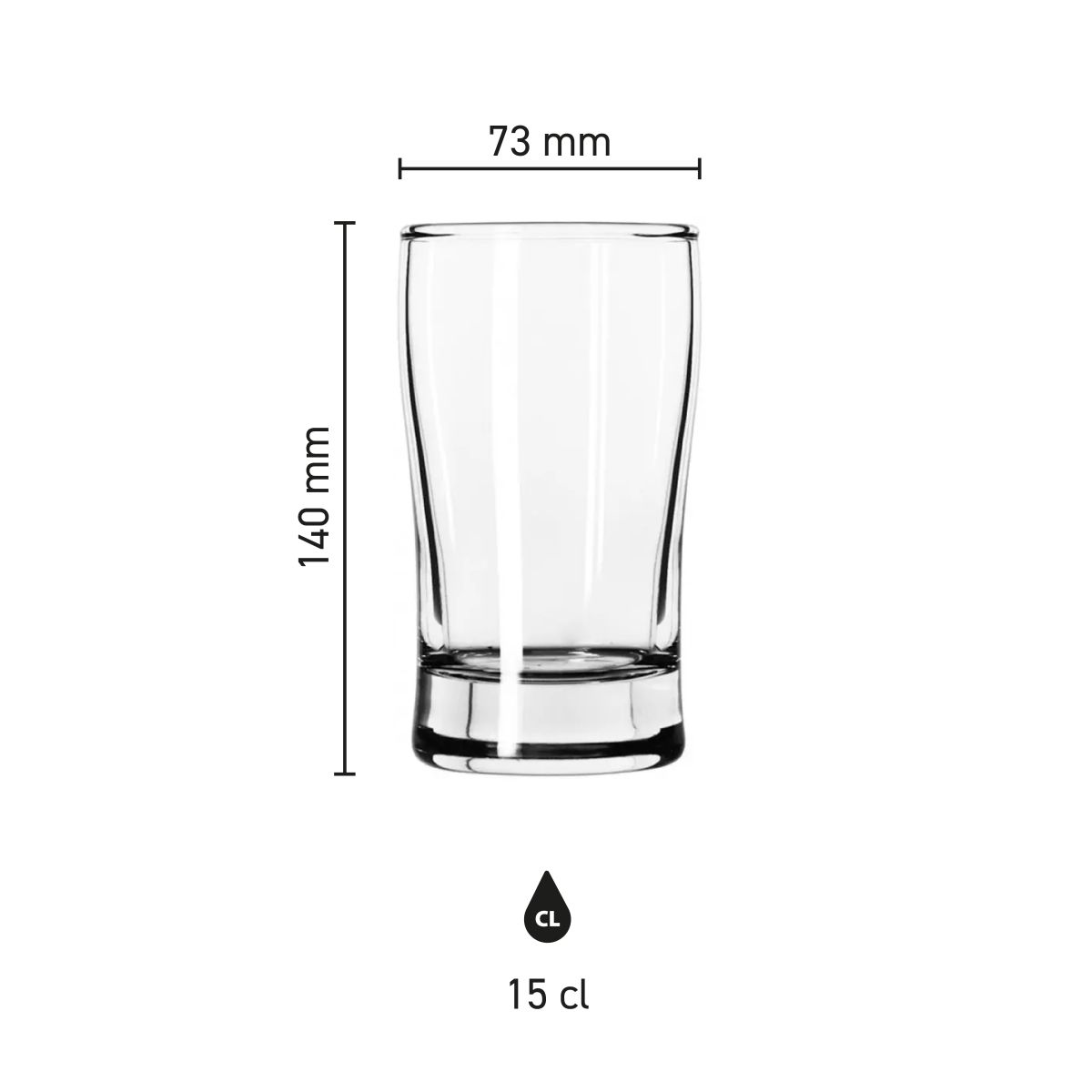 Product dimensions of beer tasting glass Esquire 15 cl shown in clear infographic.