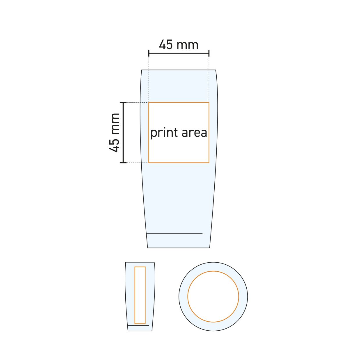 Technical working drawing of an 18-cl beer flute with indication of the pressure area.