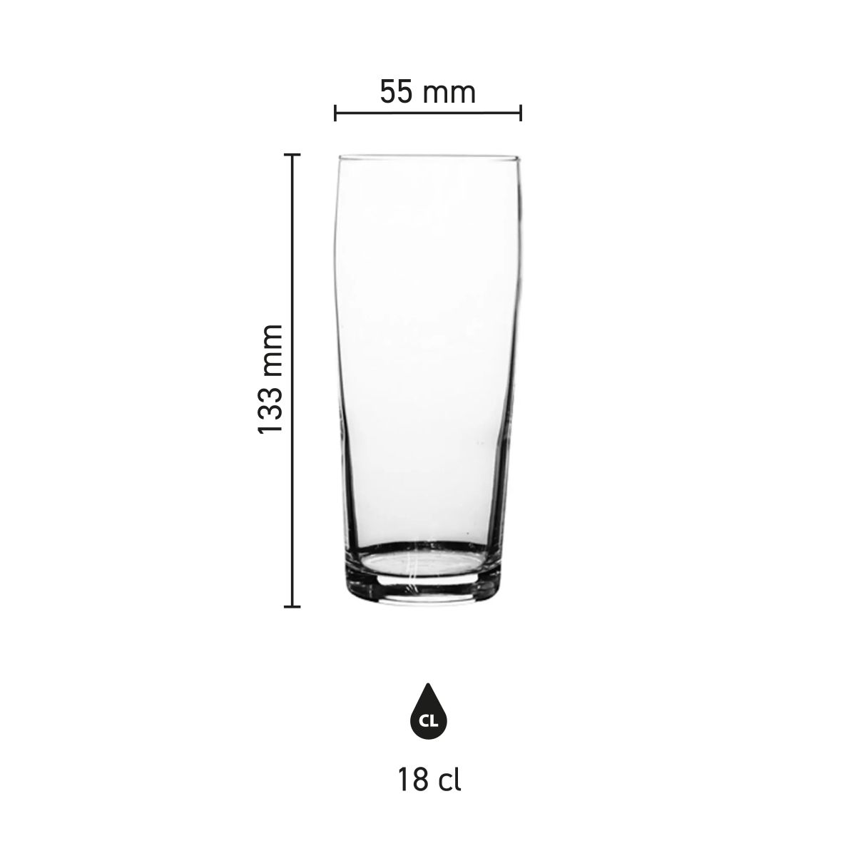 Infographic showing the dimensions of an 18-cl beer flute. including height and diameter.
