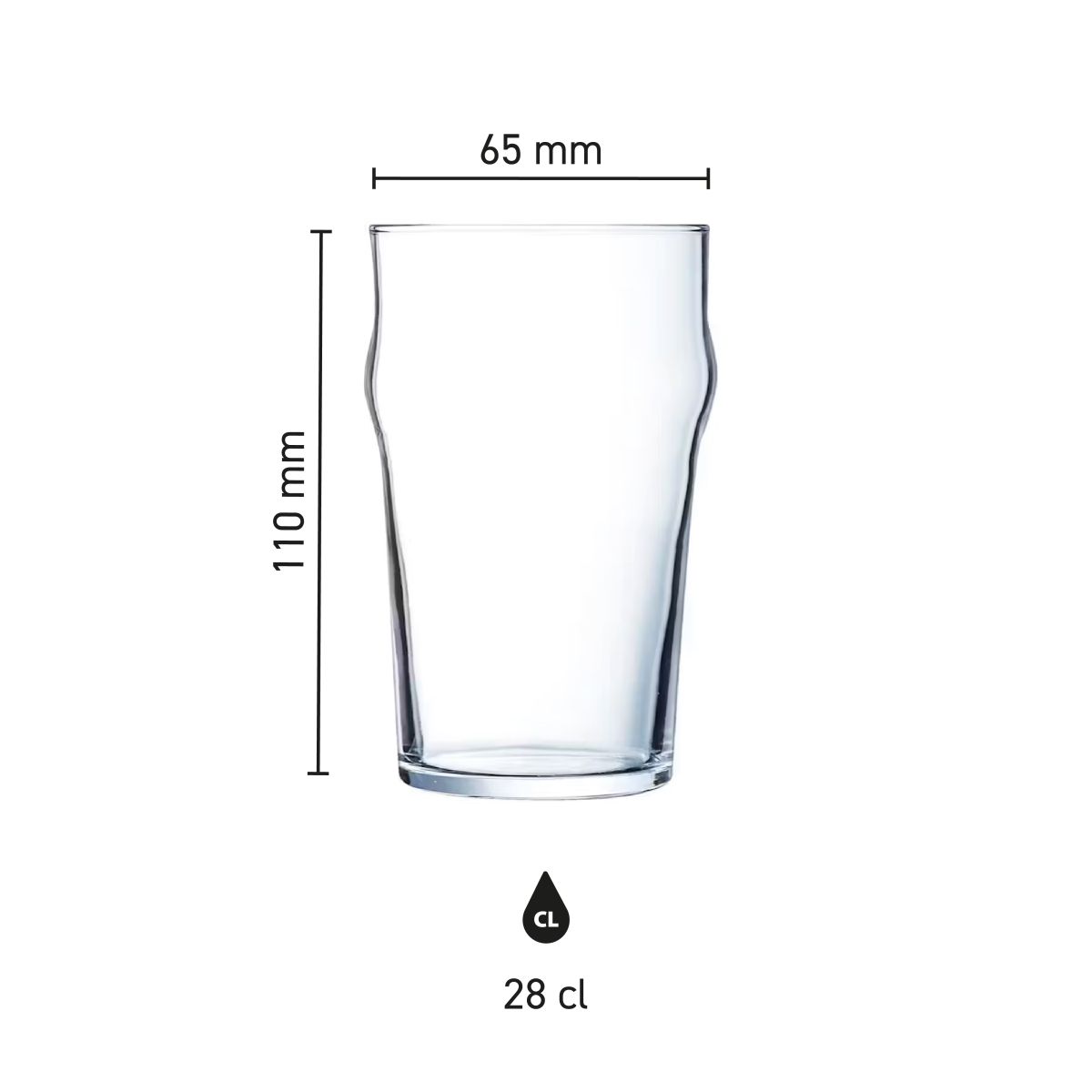 Infographic toont hoogte en diameter van het 28 cl Arcoroc Nonic bierglas in maatvoeringsoverzicht.
