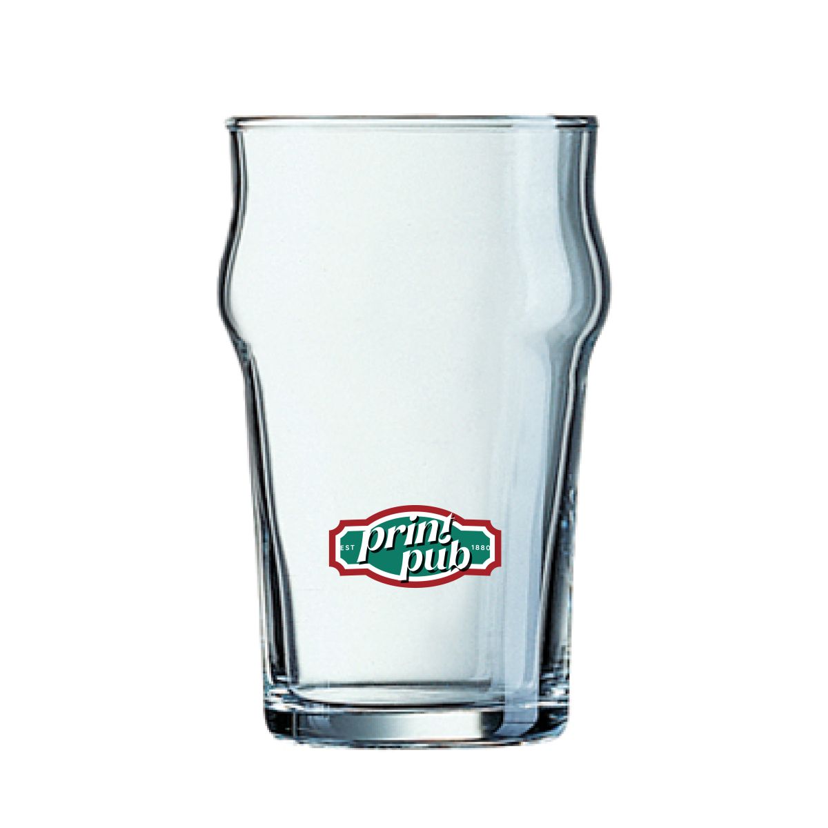 Nonic beer glass with colourful PrintPub logo printed in multiple colours on the smooth glass surface.