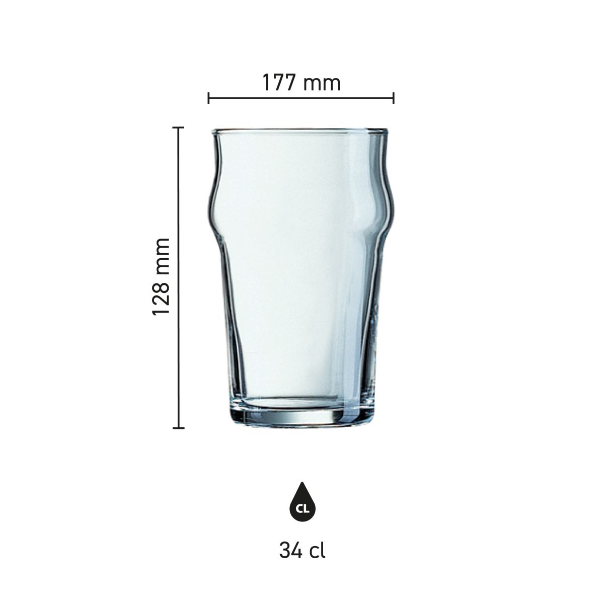 Infographic showing the dimensions of the Arcoroc Nonic beer glass 34 cl. including diameter and height.