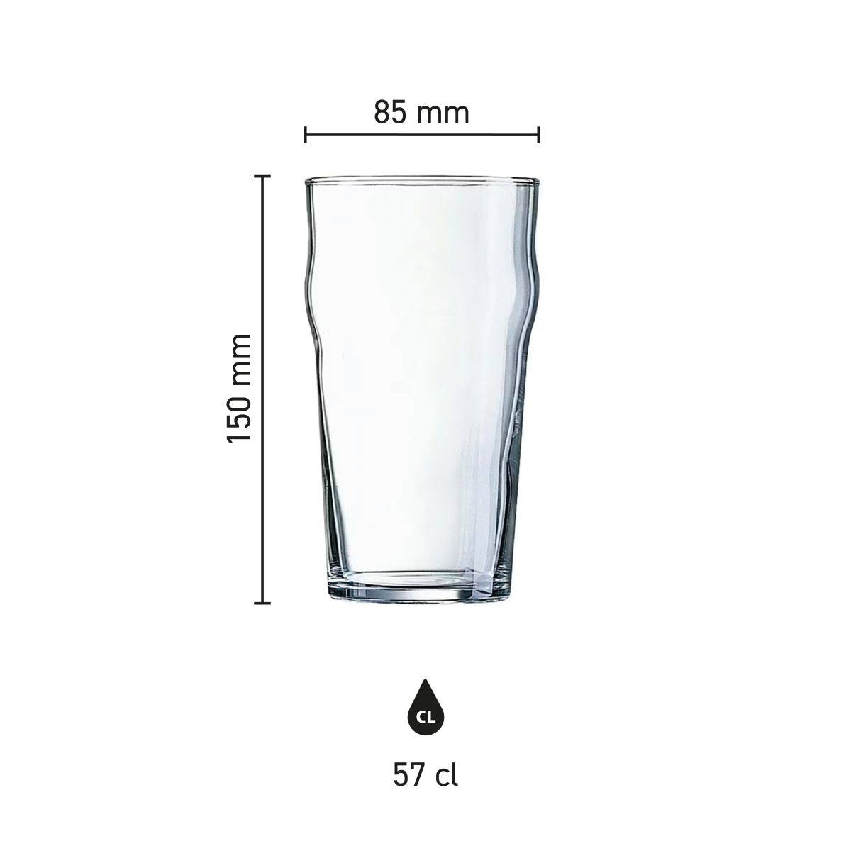 Infographic showing the height and diameter of the 57 cl Arcoroc Nonic glass in product overview.