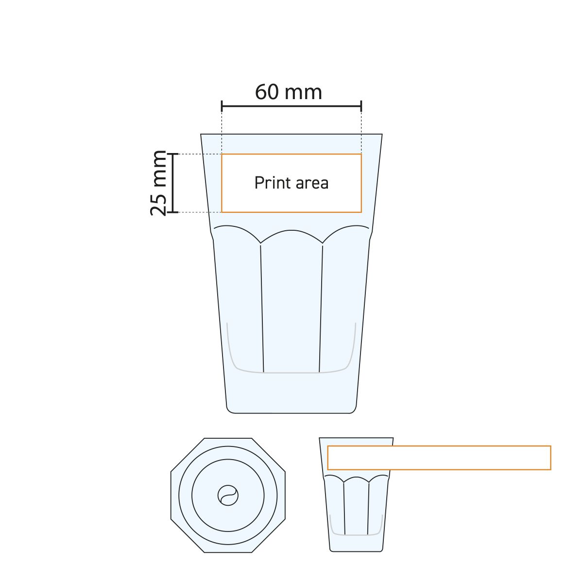 Drukgebied-weergave van Casablanca bierglas 47.5 cl., met afbakening van bedrukkingszone op het glas.