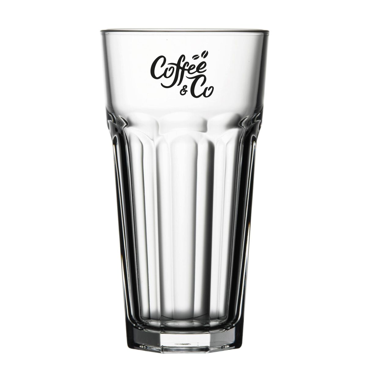 Eénkleurige bedrukking met CoffeeCo-logo op voorzijde van Casablanca bierglas 47.5 cl., duidelijk gepositioneerd.