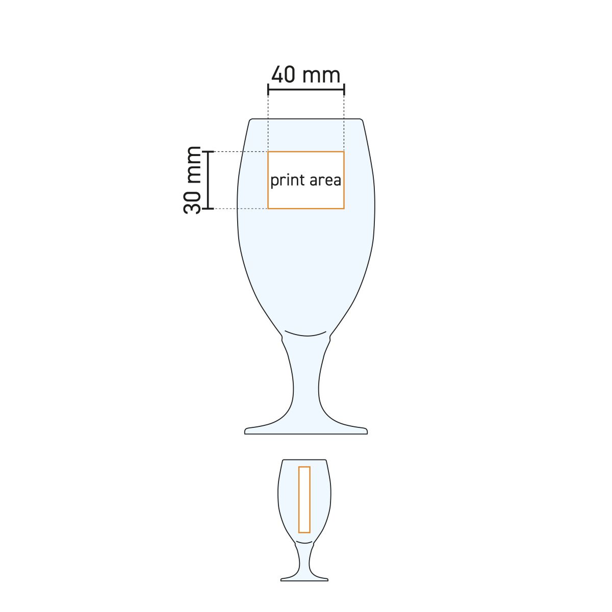Technical working drawing with printing area on beer glass Cheers 32.5 cl. for logo positioning.