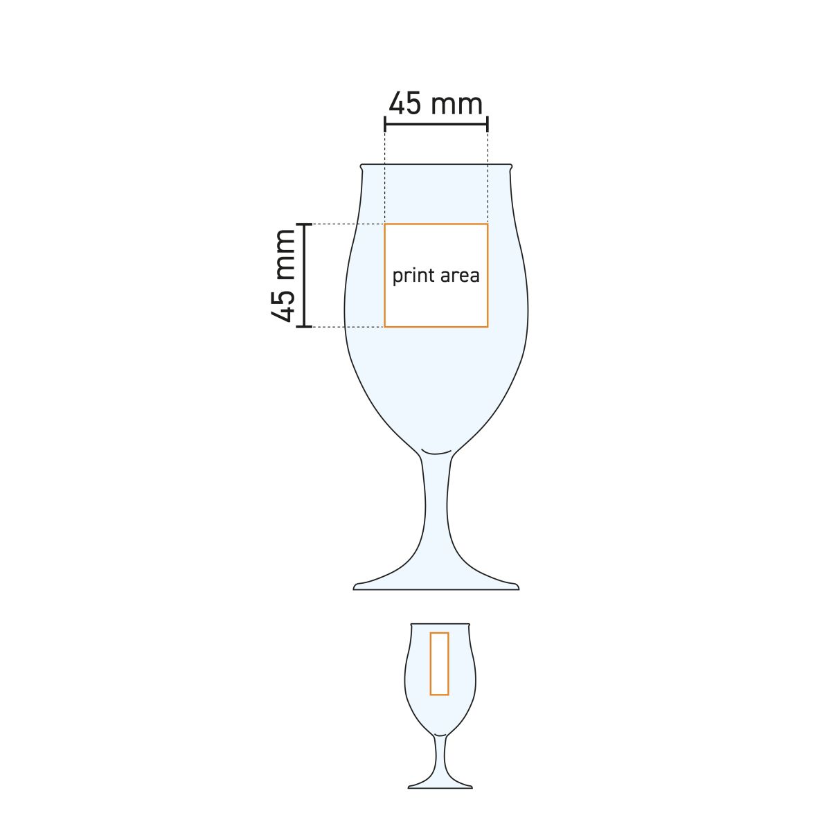 Technical working drawing of the printing area on the beer glass Executive 38 cl. glass.