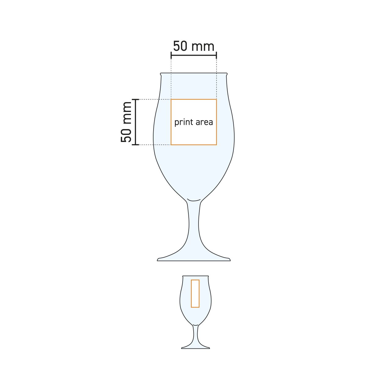 Detailed working drawing with printing area on the Executive beer glass of 53 cl.