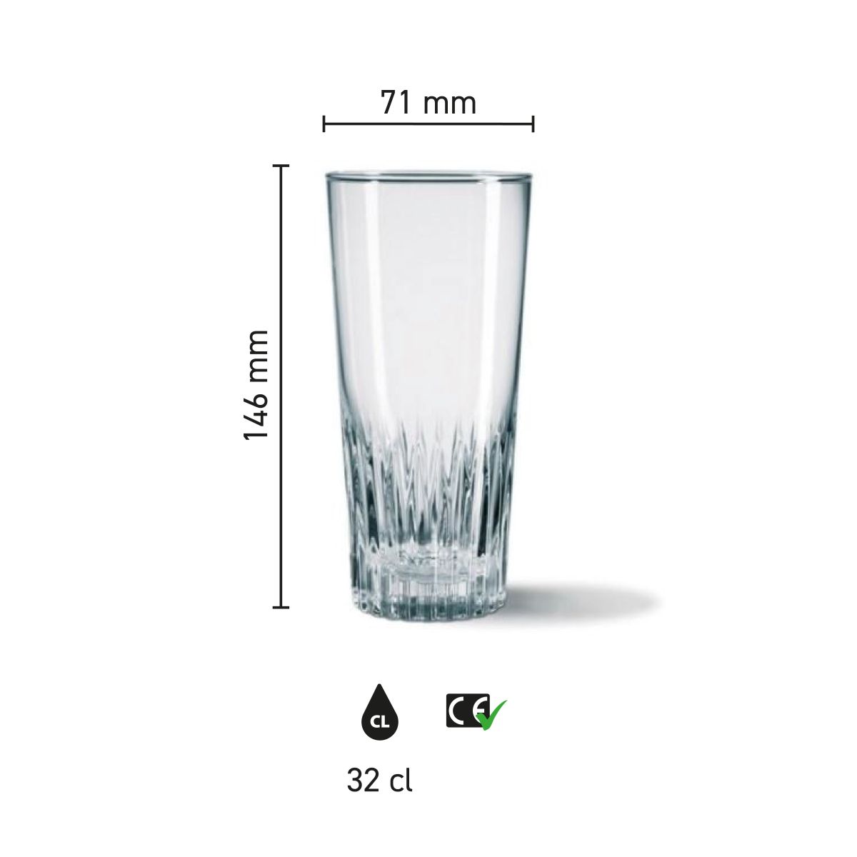 Infographic showing dimensions of beer glass Gaetan 32 cl, including height and diameter.